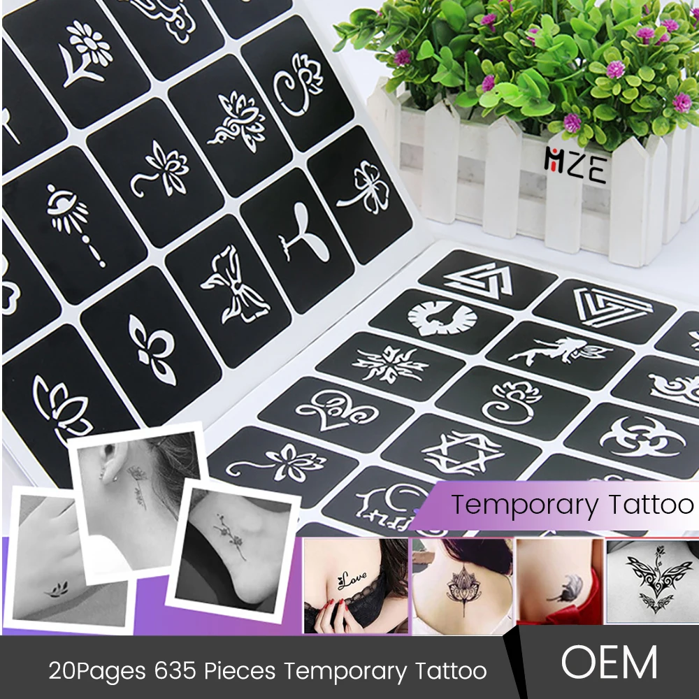 635pcs/Lot Reusable Sticker Tattoo Stencils Folder Painting Template Airbrush Glitter Henna Tattoo Stencil Set Album Fixed Style