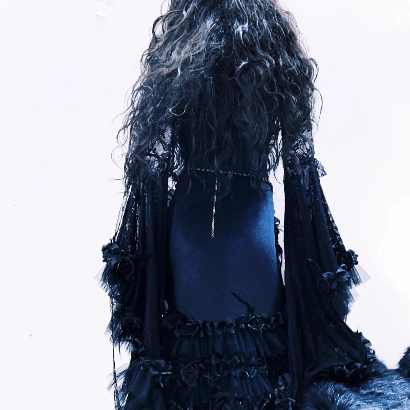 Gothic New Original Design Black Lace Hollow Out Bell Sleeve Women's Long Dress Punk Dark Retro Heavy Industry Halloween Ladies