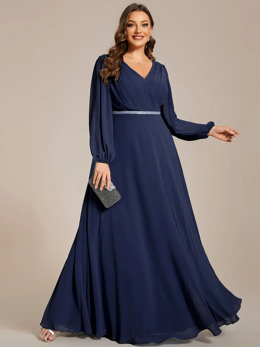 EVER PRETTY-robe de soirée en mousseline bleu marine, taille grande, col en V, manches longues, paillettes, longueur au sol, robe de demoiselle d'honneur, 2024