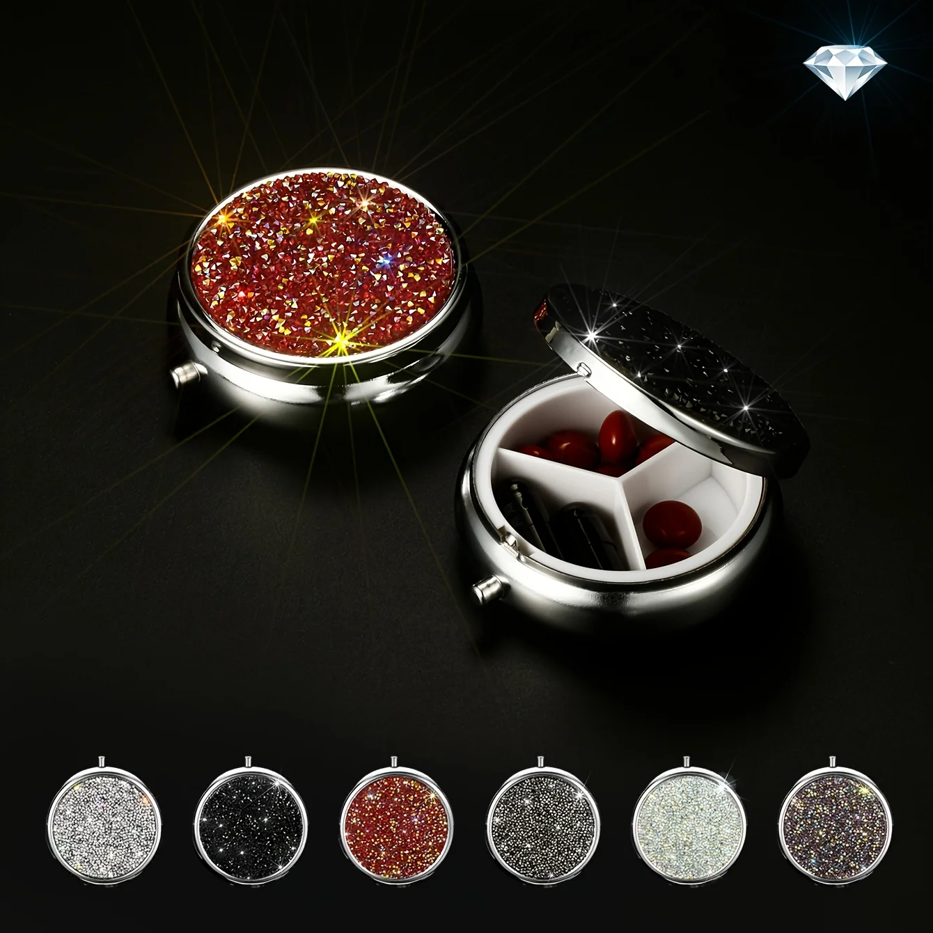 1Pc Brand New Multi-Color Artificial Diamond-Studded Cute and Luxurious Style Portable Mini Compartmentalized Sealed Anti-Drop, Moisture-Proof, Dust-Proof Pill Organizer Box, a Light Luxury Pill Box Crafted by Design Master Ja Pang Using Grade a Artificial Materials, Suitable for Daily Storage, for Carrying at Work, Shopping, or on Trips