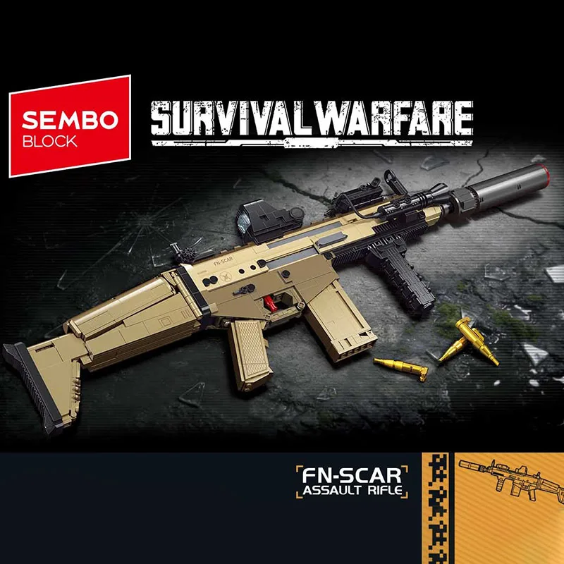 SEMBO BLOCK Cool FN-SCAR Assault Rifle Assembly Building Blocks MOC Gun Models Collectible Ornaments DIY Birthday/ Holiday Gifts