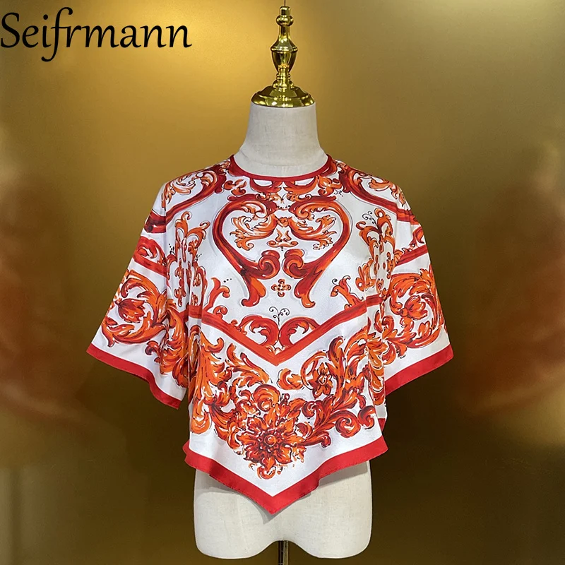 Seifrmann Casual Printed Silk Top Round Neck Short Sleeve Top 2026 Summer Fashion Women's clothing New Style