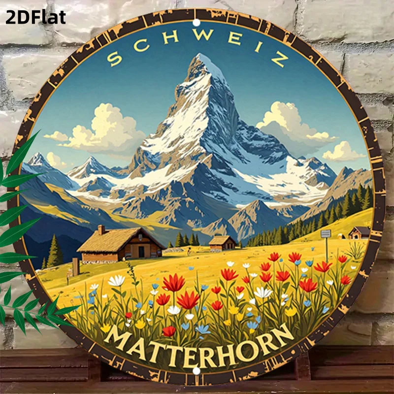 2D Flat, 1pc Swiss Alpine Round Sign,Mountain Scenery 19.81x19.81cm Round Wall Art,Floral Meadow Decorative Plaque,Vintage Trave