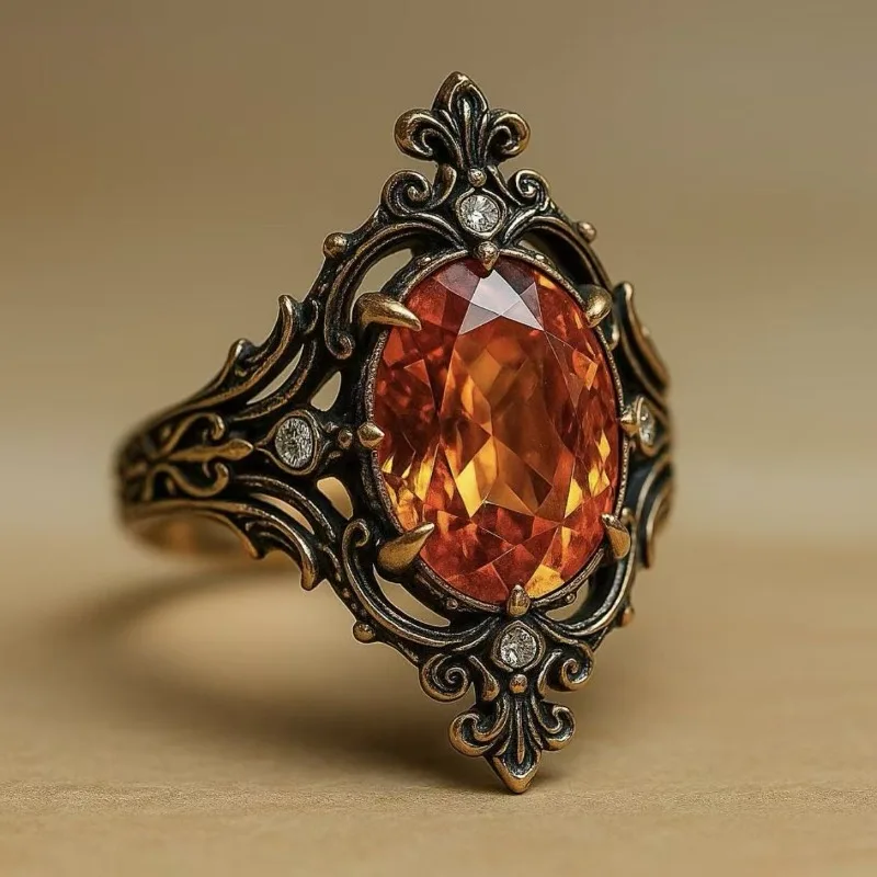 2026 New Exaggerated Retro Ladies Ring, Champagne Orange Zircon Holiday Gift Jewelry