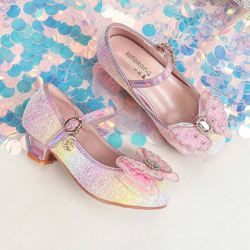 New Princess Kids Leather Shoes Shiny Rainbow Crystal Gradient Dazzling Party Children High Heels Colorful Sequins Girls Sandals