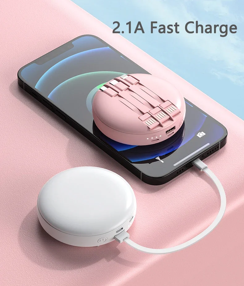 20000mAh Makeup Mirror Power Bank Built in Cable Portable Charger External Battery Powerbank For iPhone 15 Huawei Xiaomi Samsung