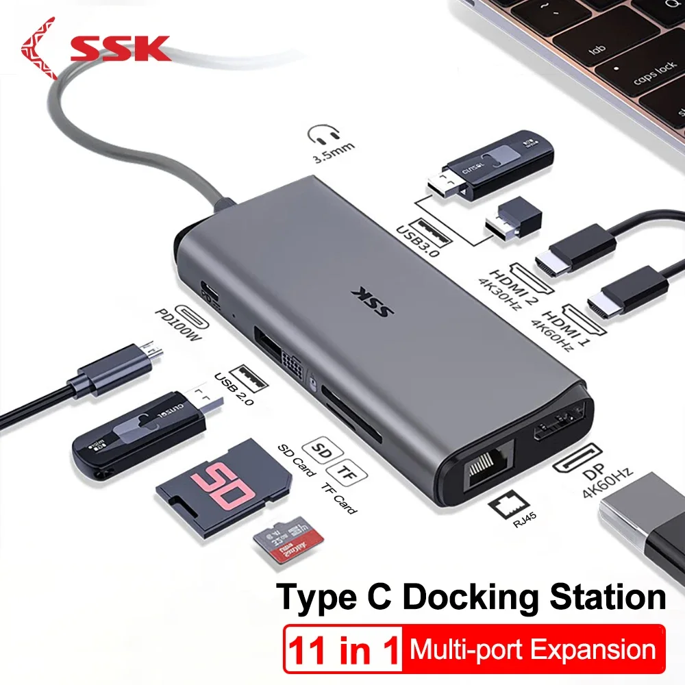 SSK Type-c 11-IN-1 USB C Док-станция DP Четырехэкранный преобразователь 4K60 Гц USB-C в HDMI для Huawei и Apple USB-адаптер