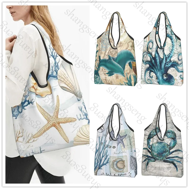 

Fashion shopping shoulder tote bag foldable eco-friendly shopping bag large capacity portable handbag Turtle Octopus marine