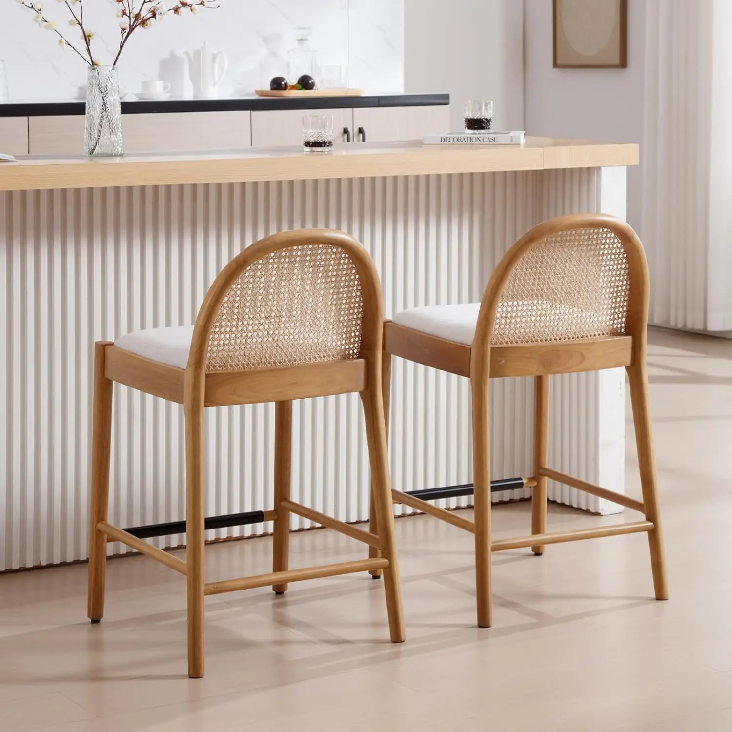 Heah-Yo Modern Counter Stools Set Of 2, 26 Inches Counter Height Bar Stools With Rattan Backrests And Wood Legs, Uphlostered