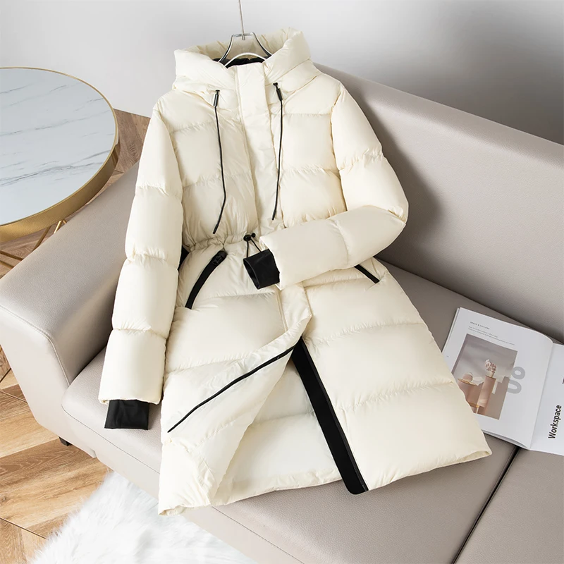 Cordon de serrage taille doudoune d'oie femmes automne hiver 2025 nouveaux manteaux longs à capuche épaissir 90 blanc duvet d'oie haute moelleux