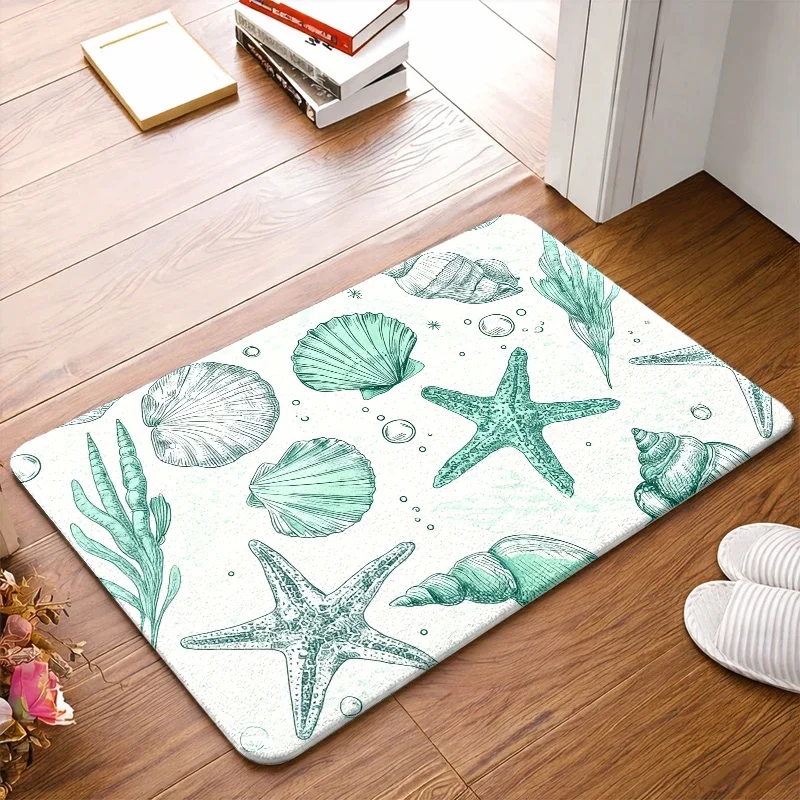 Coastal Nautical Doormat Mat Ocean Sea Life Pattern Beach Shell Starfish Indoor Outdoor Entrance Rug Waterproof Printed House Ma