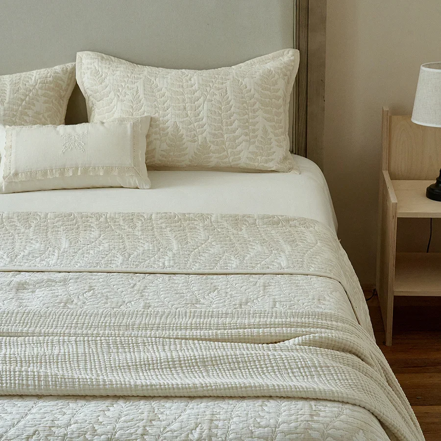 Natural Cotton Linen Quilt Set 3 Piece | Reversible Summer Lightweight Bedspread Coverlet | Non-Slip Jacquard Blanket for Bed