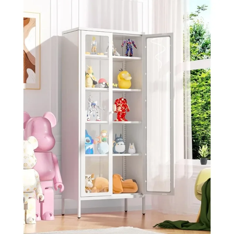 Metal Storage Cabinet, Black Display Curio Glass Storage Cabinet with Glass Doors and 4 Shelves, Tall Bookcase Modern Bookshelf