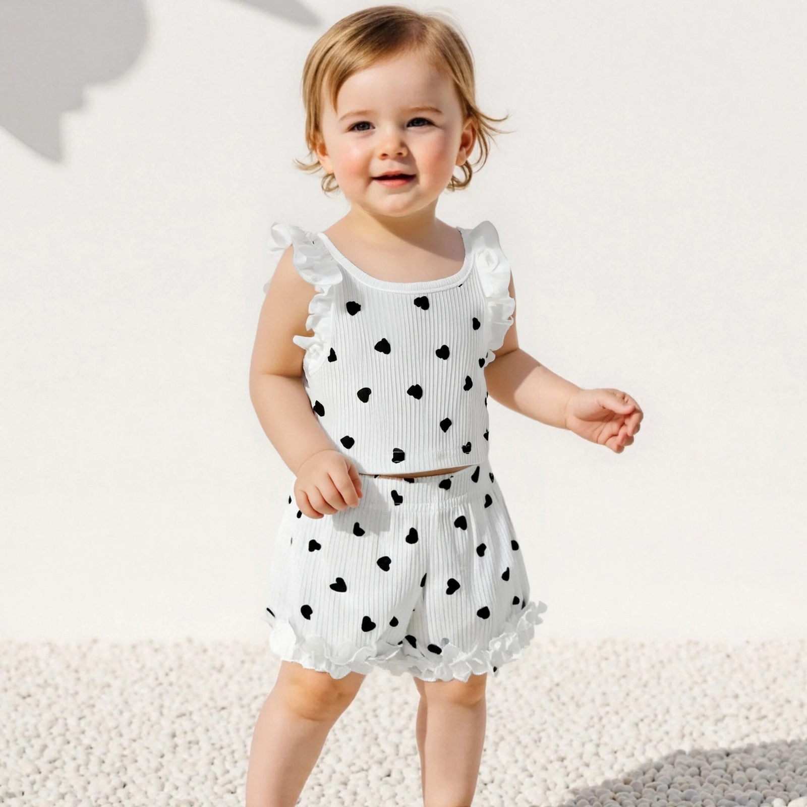 

Baby Girl Bow Print Outfits Summer Cute Frill Trim Crop Tank Tops Elastic Waist Ruffle Shorts 2PCS Newborn Clothes Set