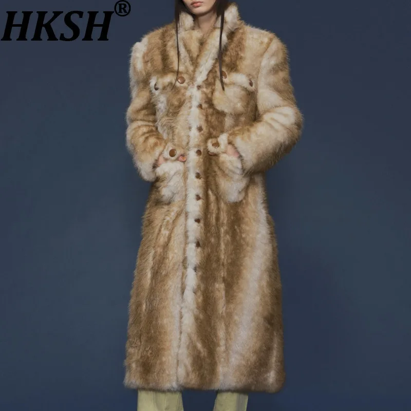 

HKSH 2025 Winter New Women's Long Overcoat Faux Fur Single Breasted Multi-pocket Luxury Chic Streetwear Tide Warm Jacket HK15963