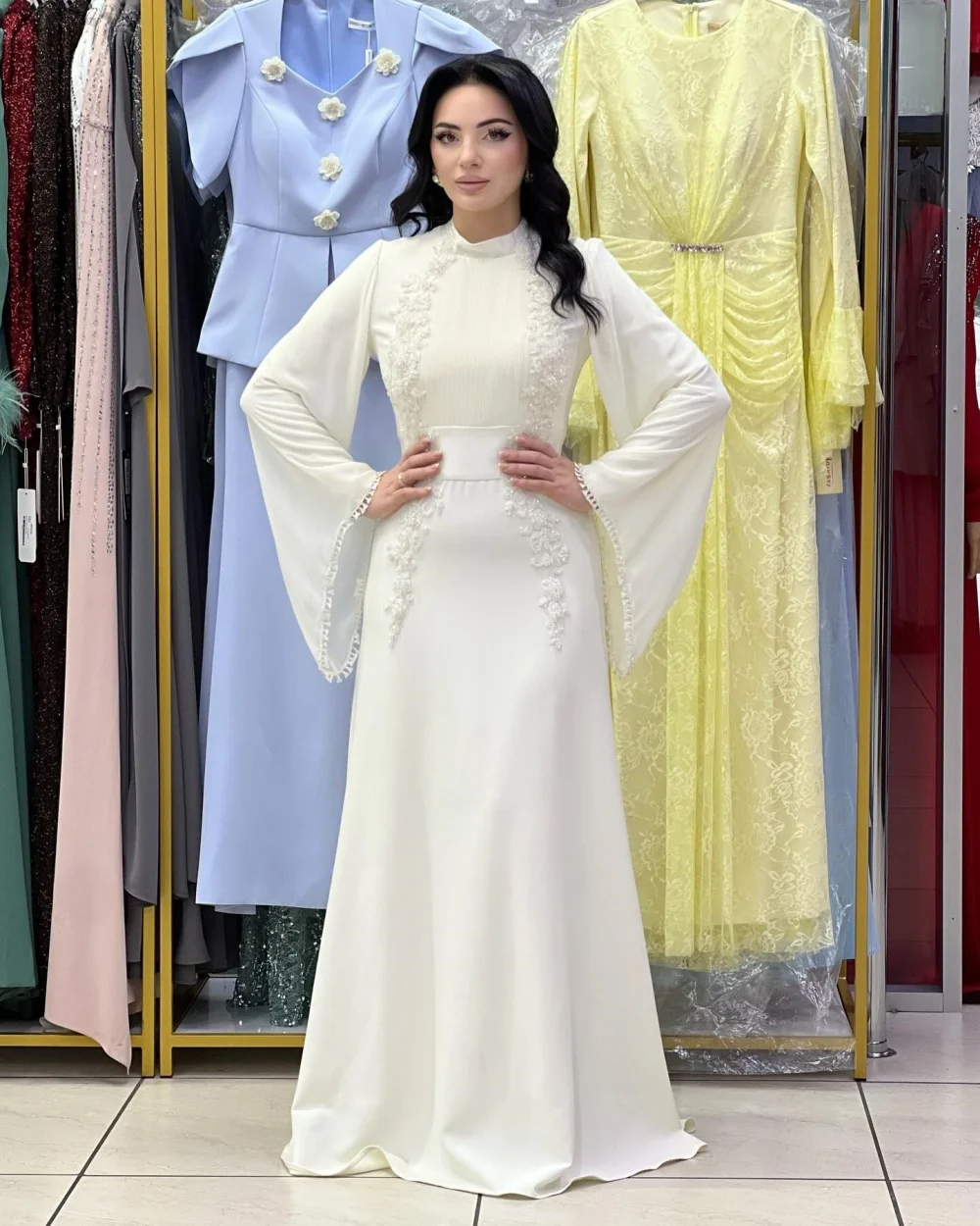 

Customized Elegant Women Jersey Applique Ruched A-Line Evening Dresses Formal High Collar Long Sleeves Floor Lenght Prom Dresses