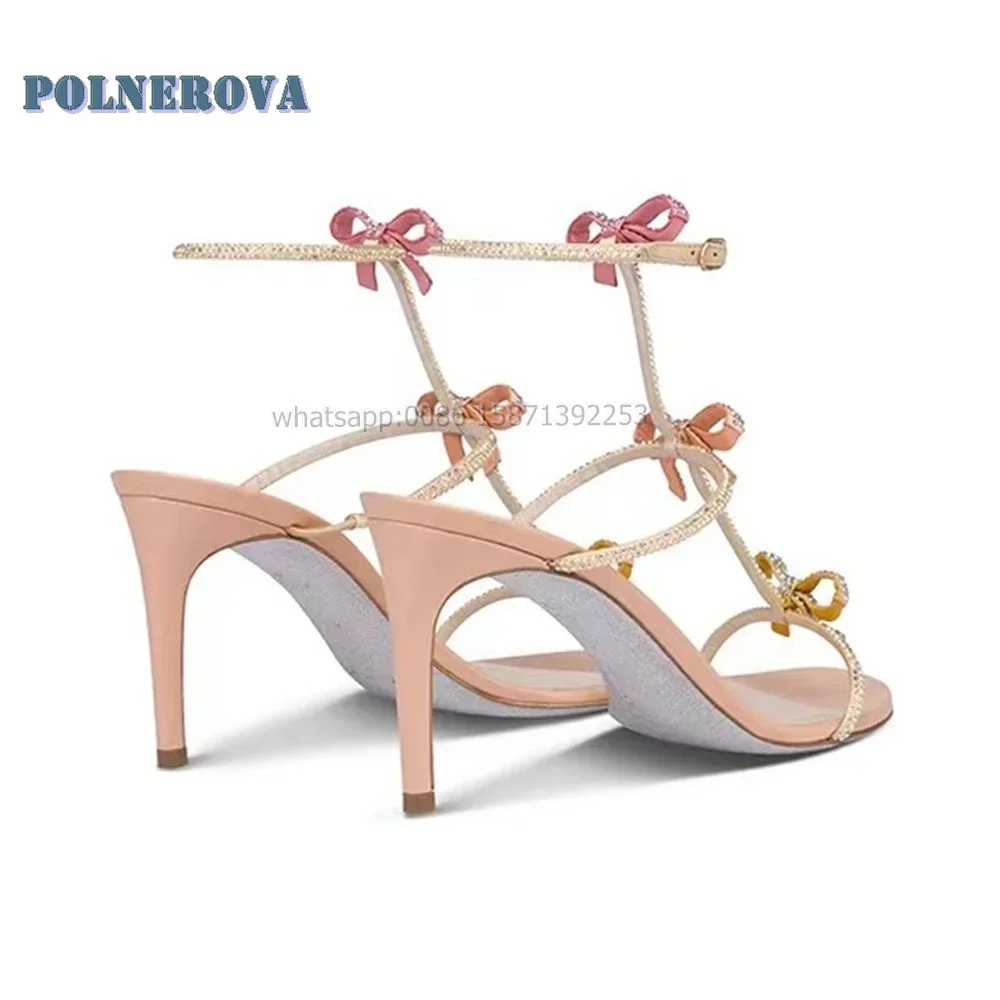 Bowknot strass T-Tied sandali Sexy Open Toe Stiletto One Word Buckle Shallow Women Heels Slingback scarpe da festa per ragazza piccanti