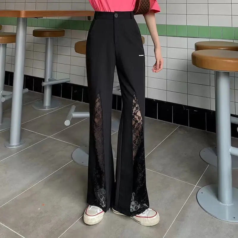 Spring/Summer Lace Patchwork Flare Pants Streetwear High Waist Wid Leg Vintage Trousers Bodycon  Edgy Spicy Girl Long Trousers