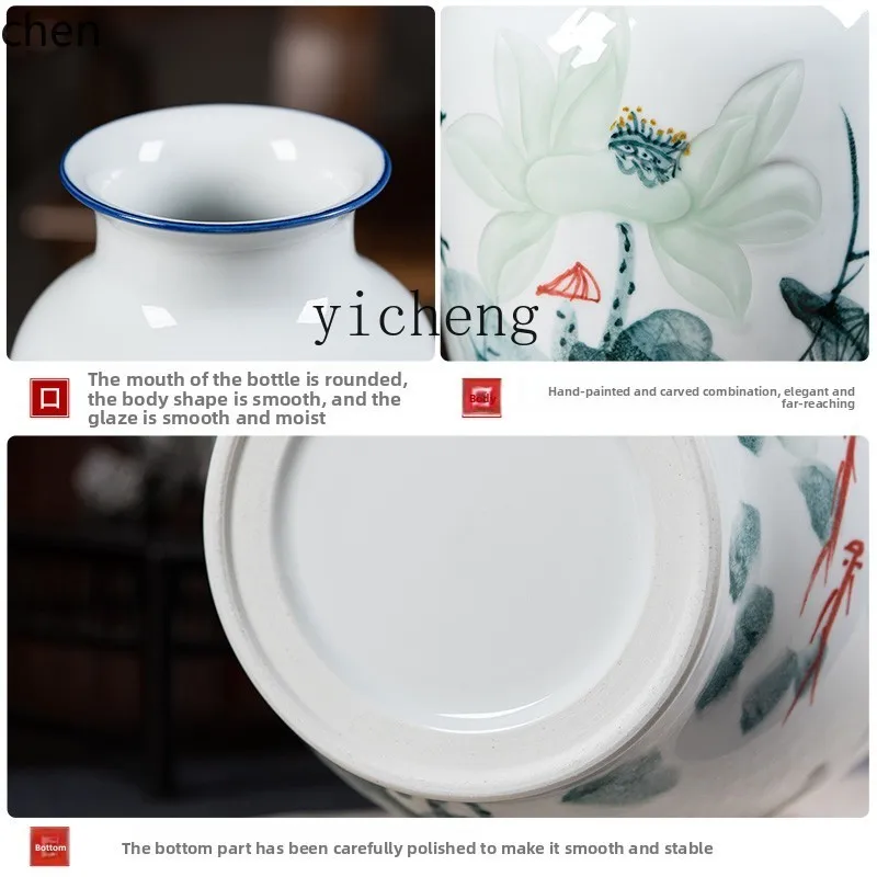 ZML Ceramic Vase Ornament Living Room Flower Arrangement Hand-painted Lotus Porcelain Modern Chinese Decoration