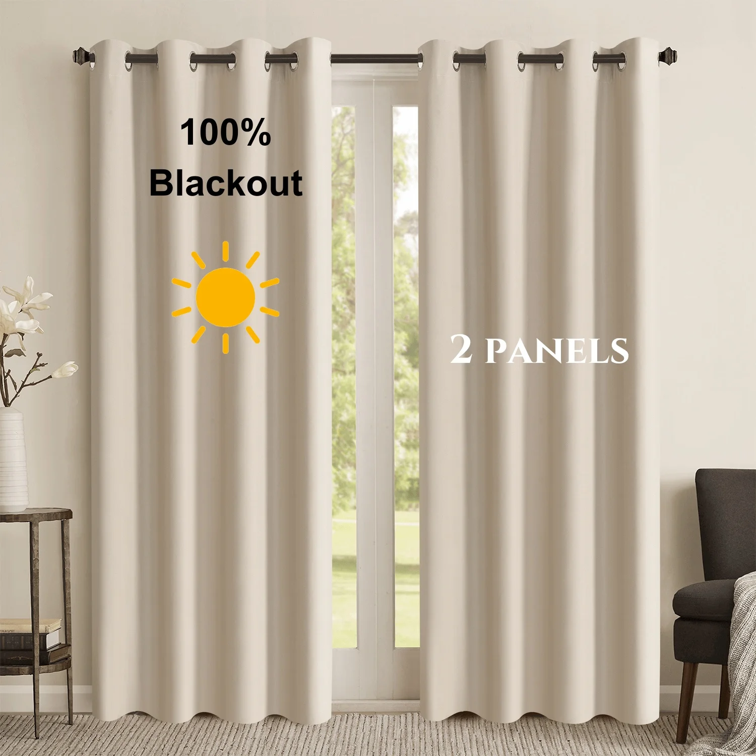 2pcs 100% Blackout Solid Color Curtains  – Light Weight Premium Thermal Insulated Light Blocking Drapes for Bedroom, Living Room