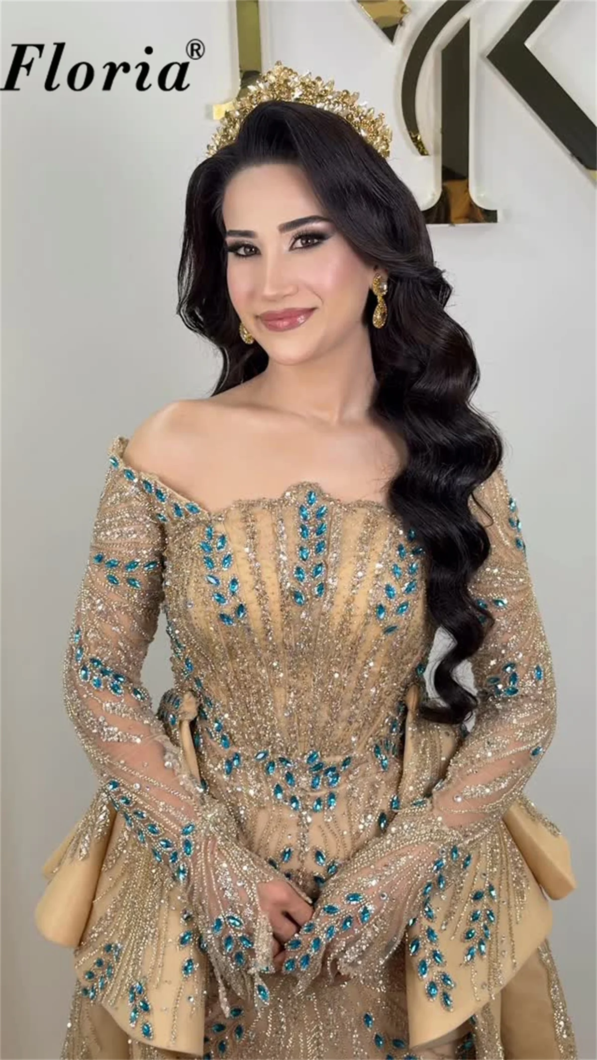 2026 Customized Champagne Dubai Arabic Evening Dresses Beaded Long Sleeve Dress with Overskirt Plus Size Formal Occasion Gown