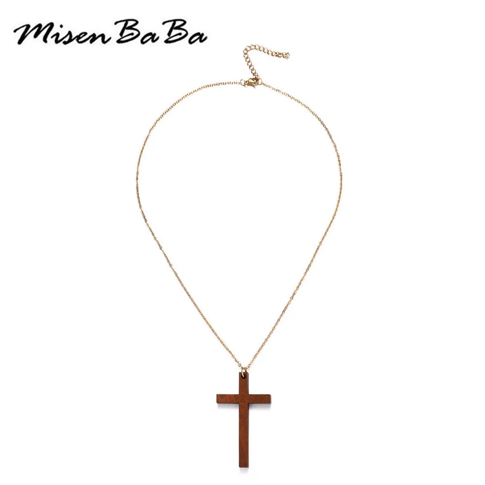 MisenBaBa Vintage Stainless Steel Wooden Cross Pendant Necklace for Women Fashion Wood Necklaces Religious Catholic Jewelry