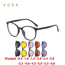 VCKA 6 In1Round Myopia Sunglasses Frames Magnetic Clip Women Glasses Trend Polarized Customizable Eyewear -0.5 to -6.0