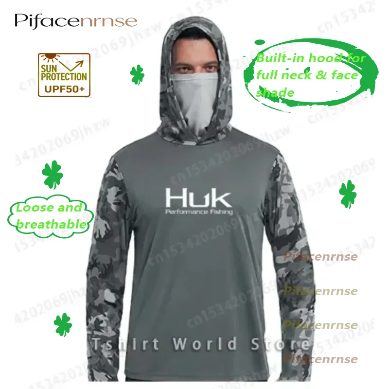 Camisas de Pesca HUK UPF 50+ com Proteção Facial, Roupas de Pesca com Proteção Solar UV, Moletom Camuflado com Capuz, Máscara Facial Masculina, Camisa de Pesca