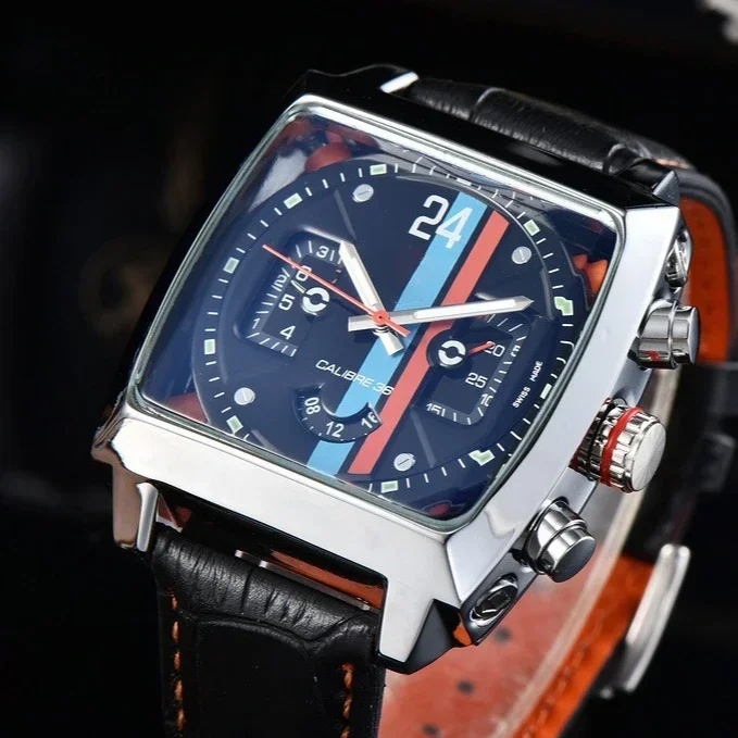 

Original Brand Fashion Watches for Men Luxury Monaco Design Square Case Leather Strap Hollow Back AAA Male Clocks Free Shipping