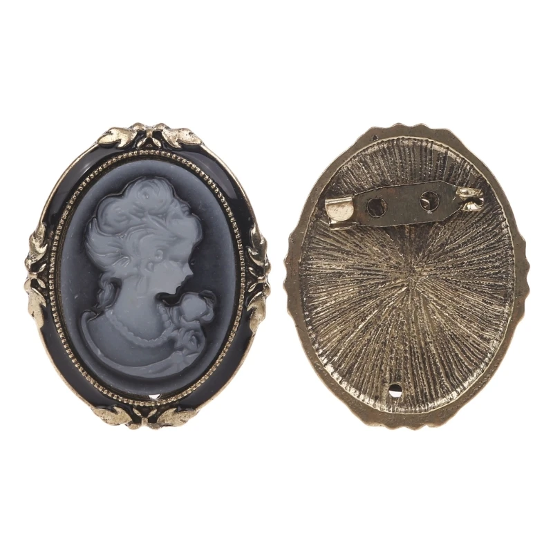 Q0KE 1pc Queen Lady Vintage Victorian Design Cameo Black Enamel Bronze Brooch Pin