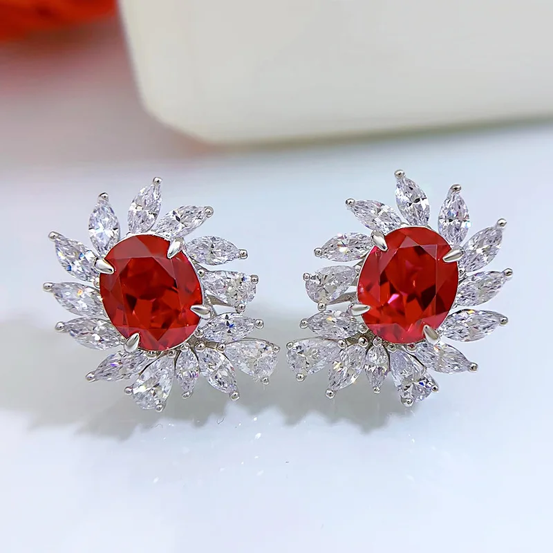 2024 New S925 Pure Silver Pigeon Blood Red 8 * 10 Earrings for Luxury Women with Full Diamond Earrings, Hot Selling Jewelry