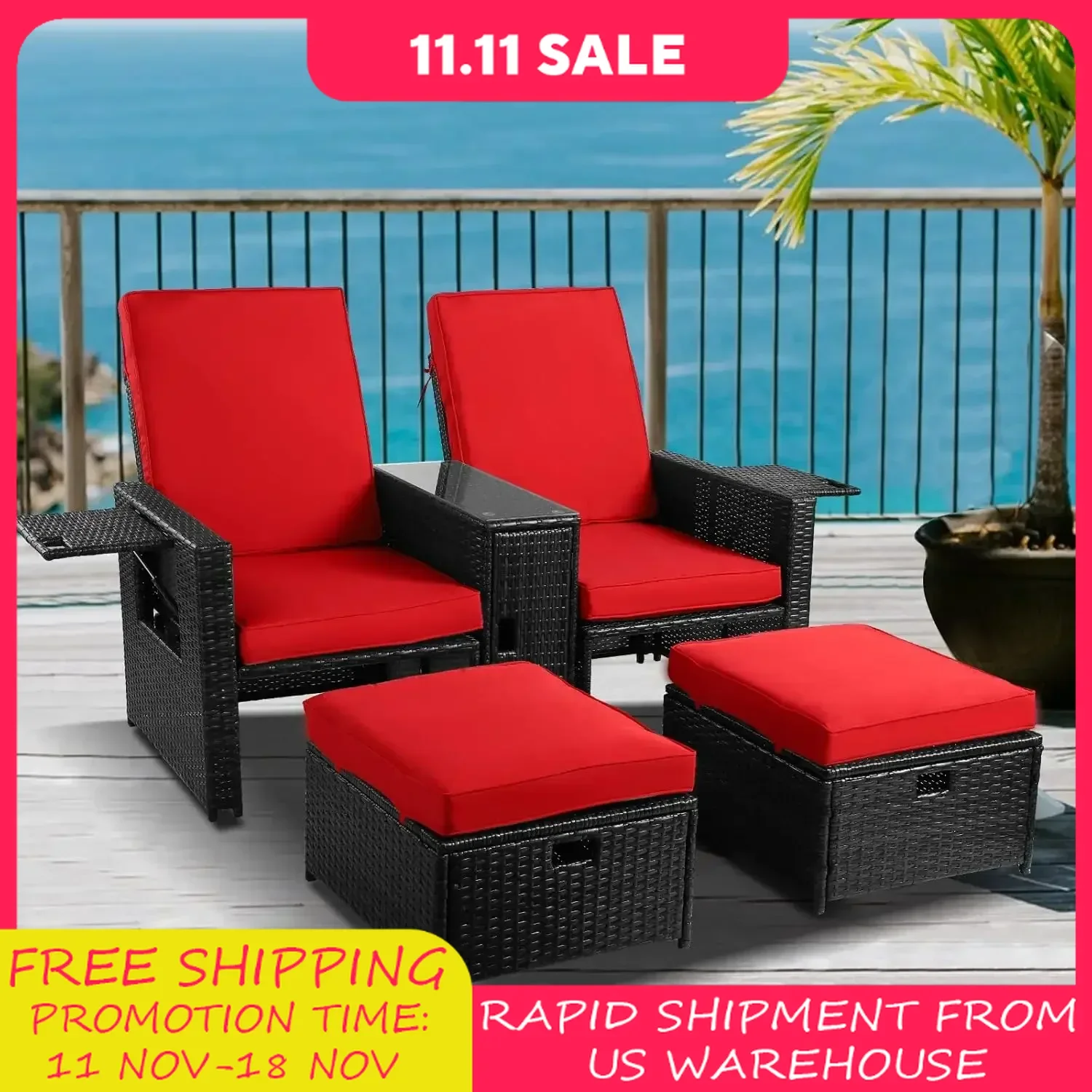 5pcs Patio Wicker Loveseat - Outdoor Rattan Sofa Set with Cushion-Adjustable Lounge Chair with Ottoman Footrest,Wicker Furniture