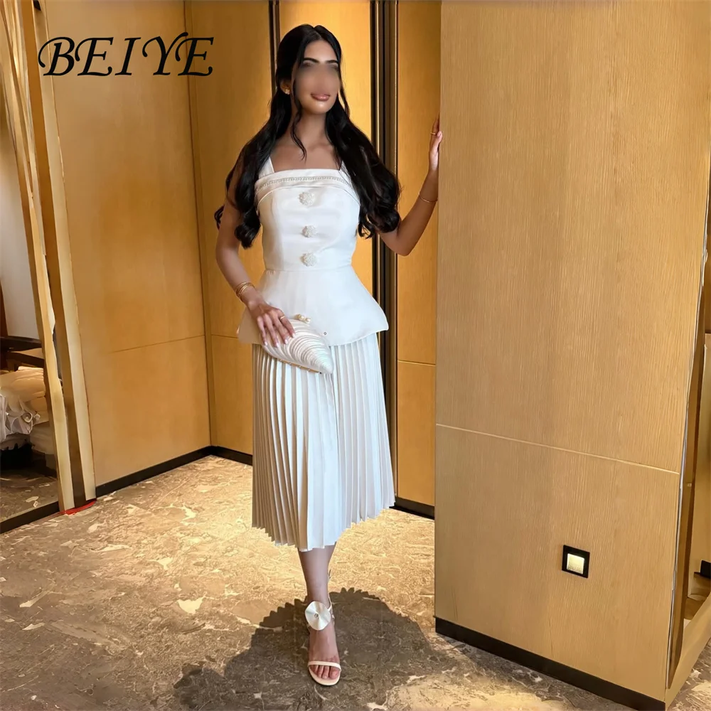 

BEIYE Classic Pleat A-Line Evening Dress Women Square Collar Sleeveless Spaghetti Straps Party Gown Customized فساتين س