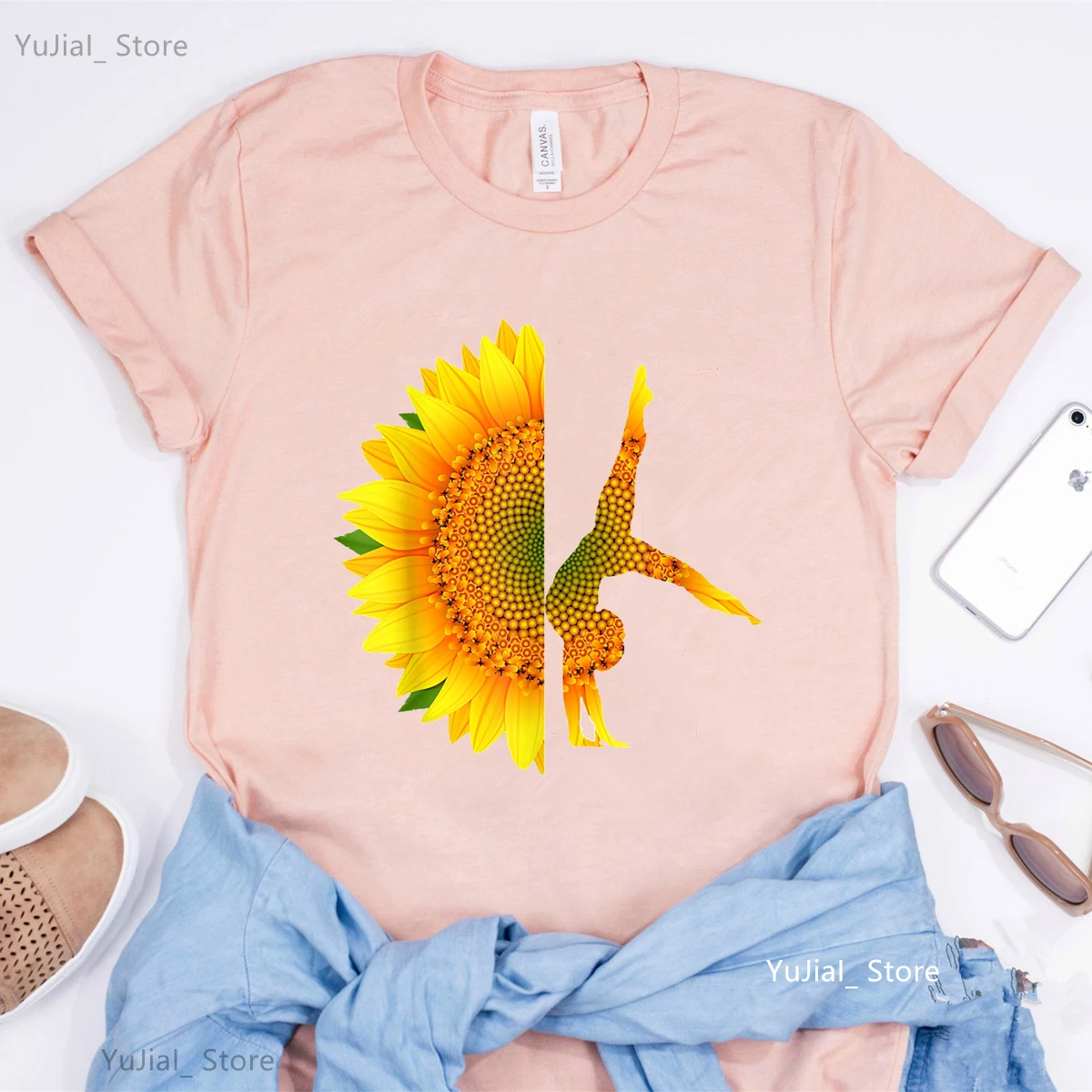 

Gymnastics Half Sunflower Cool Design Print T Shirt Girls Summer Short Sleeve Tshirt Women White Pink Casual T-Shirt Female