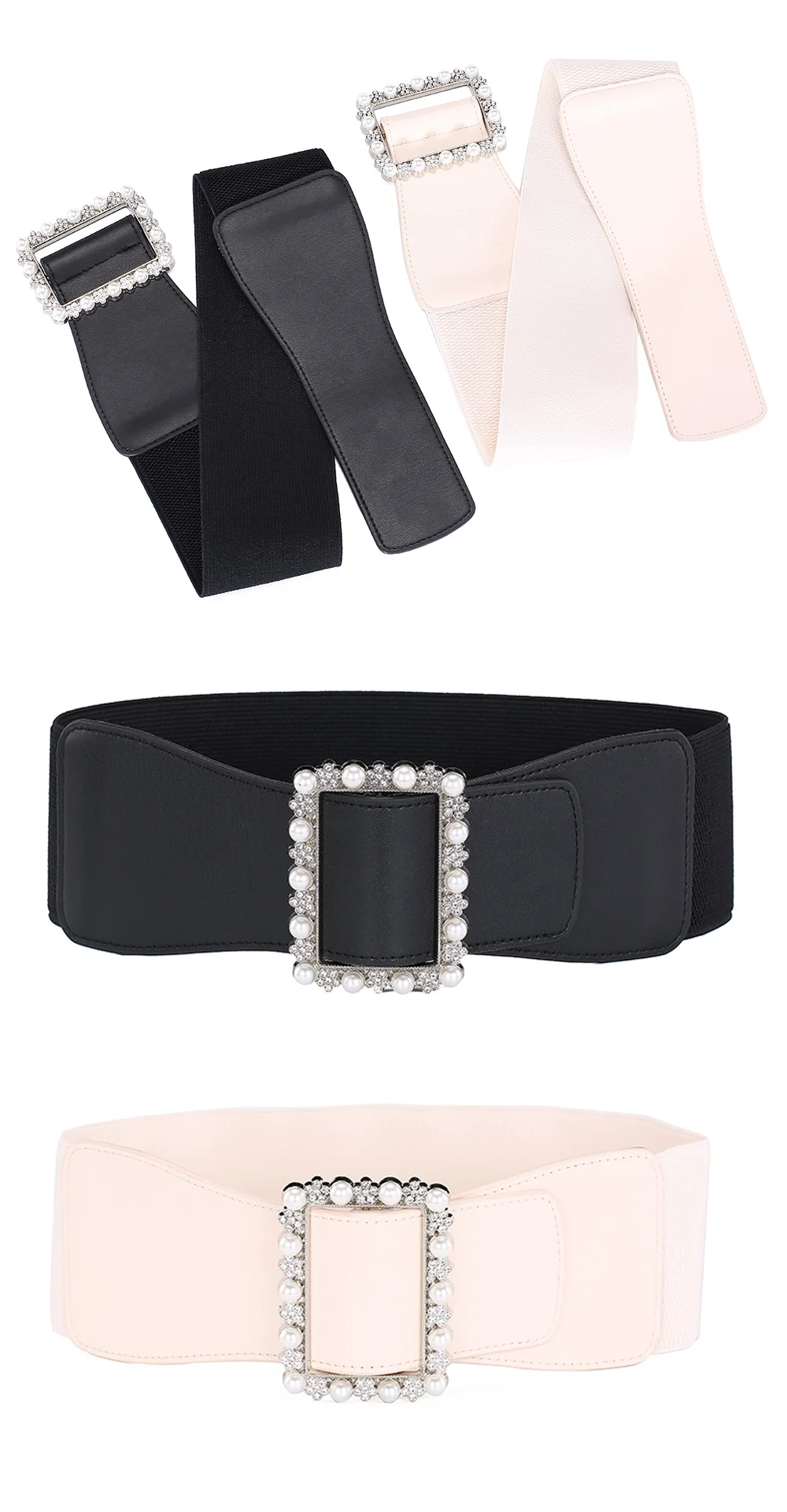 1pc frauen Gürtel Modische Perle Schnalle Gestaltung Gürtel Vielseitig Elastische Elastische Gürtel Pu Leder Breite Taille Dichtung Mit kleid Mantel – Detail 5