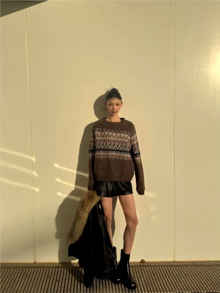 Hipseam feminino jacquard efeito escovado camisola com efeito escovado outono o pescoço feminino malha jumper feminino com nervuras guarnições topos