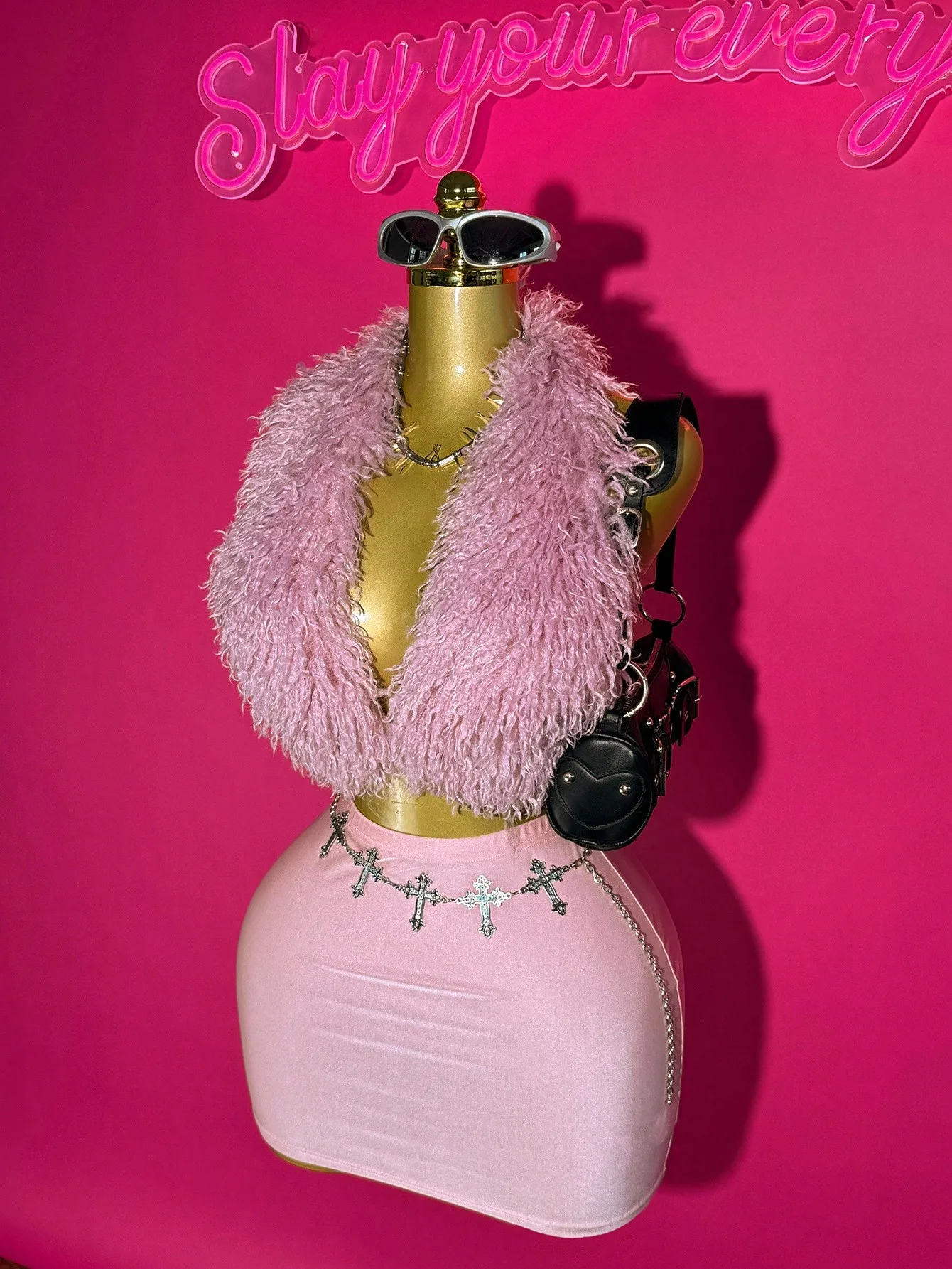 

Pink Fuzzy Mohair Vest & Shiny Stretch Knit Bodycon Mini Skirt 2-Piece Set