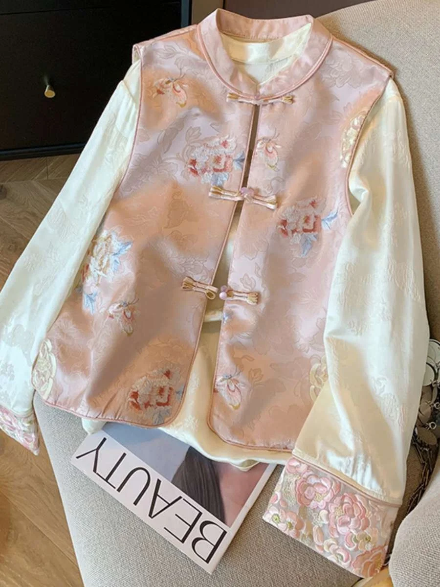 

Pink Embroidered Floral Jaet Set Autumn Winter Chinese Sle irt Two Piece Set Ele Faion Women's Clothing