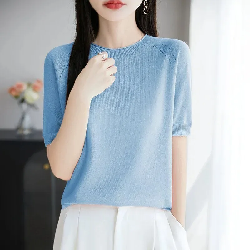

Summer Women's Knit Top Crew Neck Short Sleeve Loose Fit Casual Lightweight Blouse