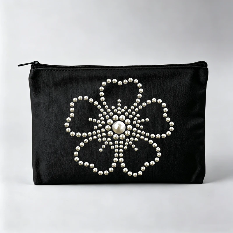 Women's Pearl Flower Pattern Makeup Bag, Elegant Zipper Cosmetic Pouch for Daily Use