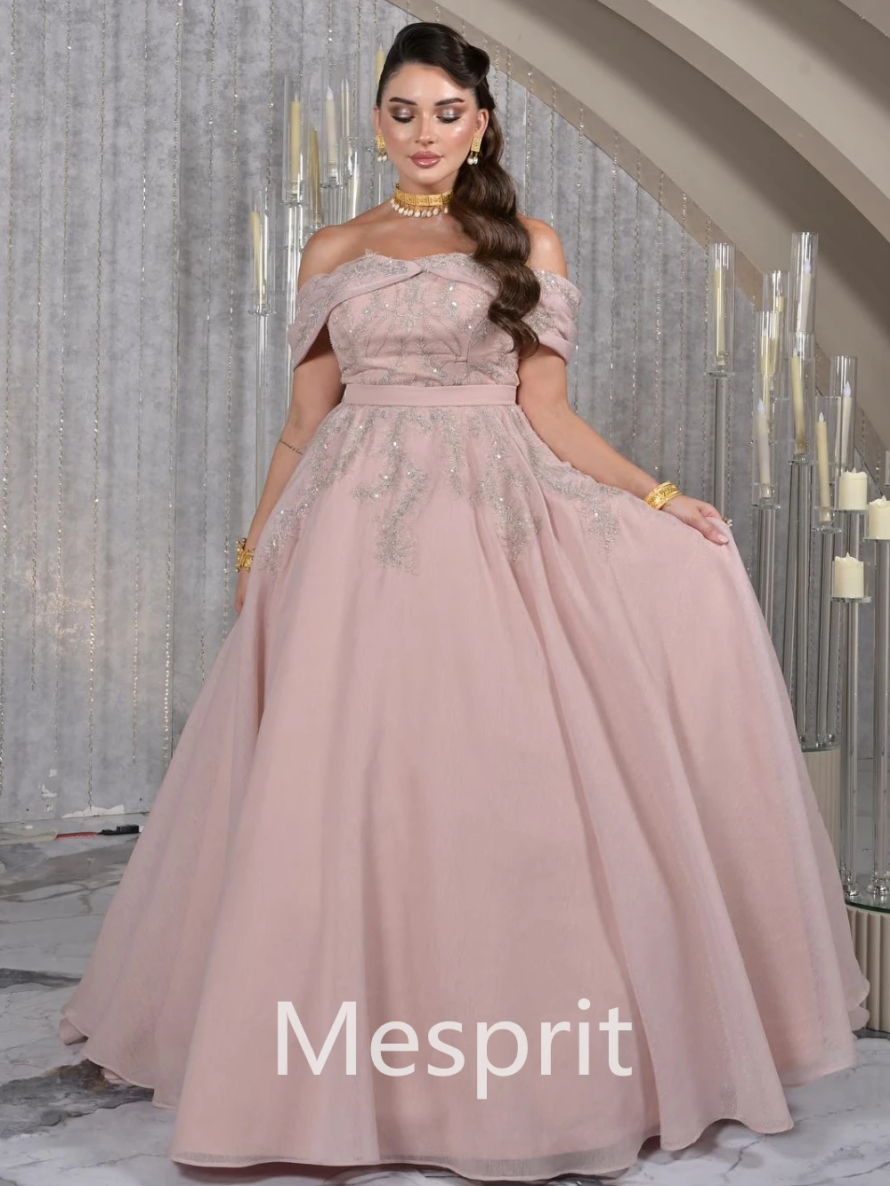 Mesprit-exquisito vestido de noche de línea a con hombros descubiertos, vestido de satén de Organza de Paillette personalizado, alta calidad