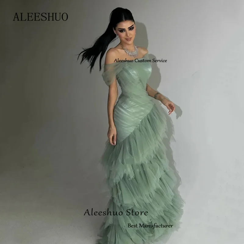 Aleeshuo モダンマーメイドノースリーブチュールイ​​ブニングドレスシンプルなプリーツオフショルダーストラップレスウエディングドレスセクシーな背中の開いたカスタマイズ