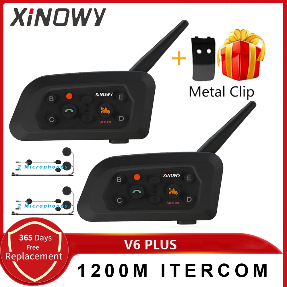 XINOWY-intercomunicador V6 PLUS para casco de Motocicleta, auriculares inalámbricos con Bluetooth, 1200M, Full Duplex, para 6 conductores