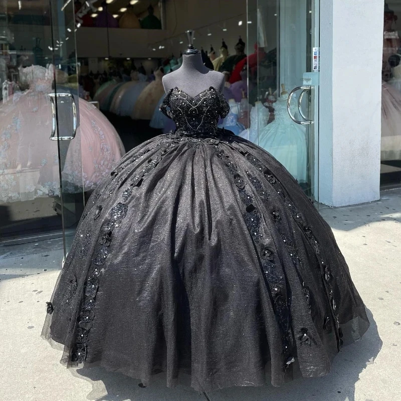 

Роскошное черное платье принцессы 2024, платье Quinceanera с бусинами, аппликациями, цветочным орнаментом, элегантное милое Тюлевое платье 15 16 лет