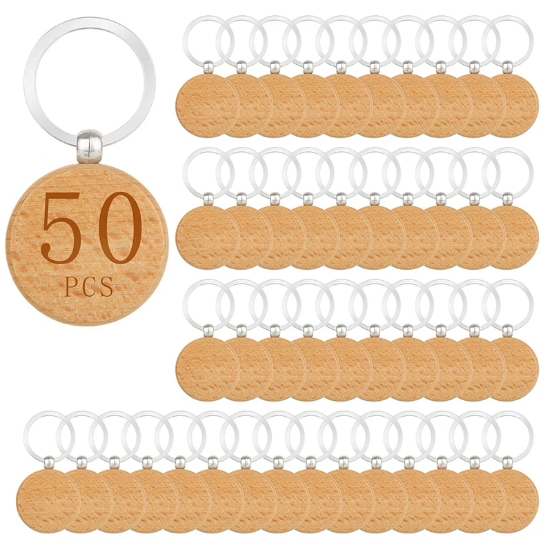 

50Pcs Wooden Keychain Blank Unfinished Round Wood Keychain Blanks Wooden Key Chain