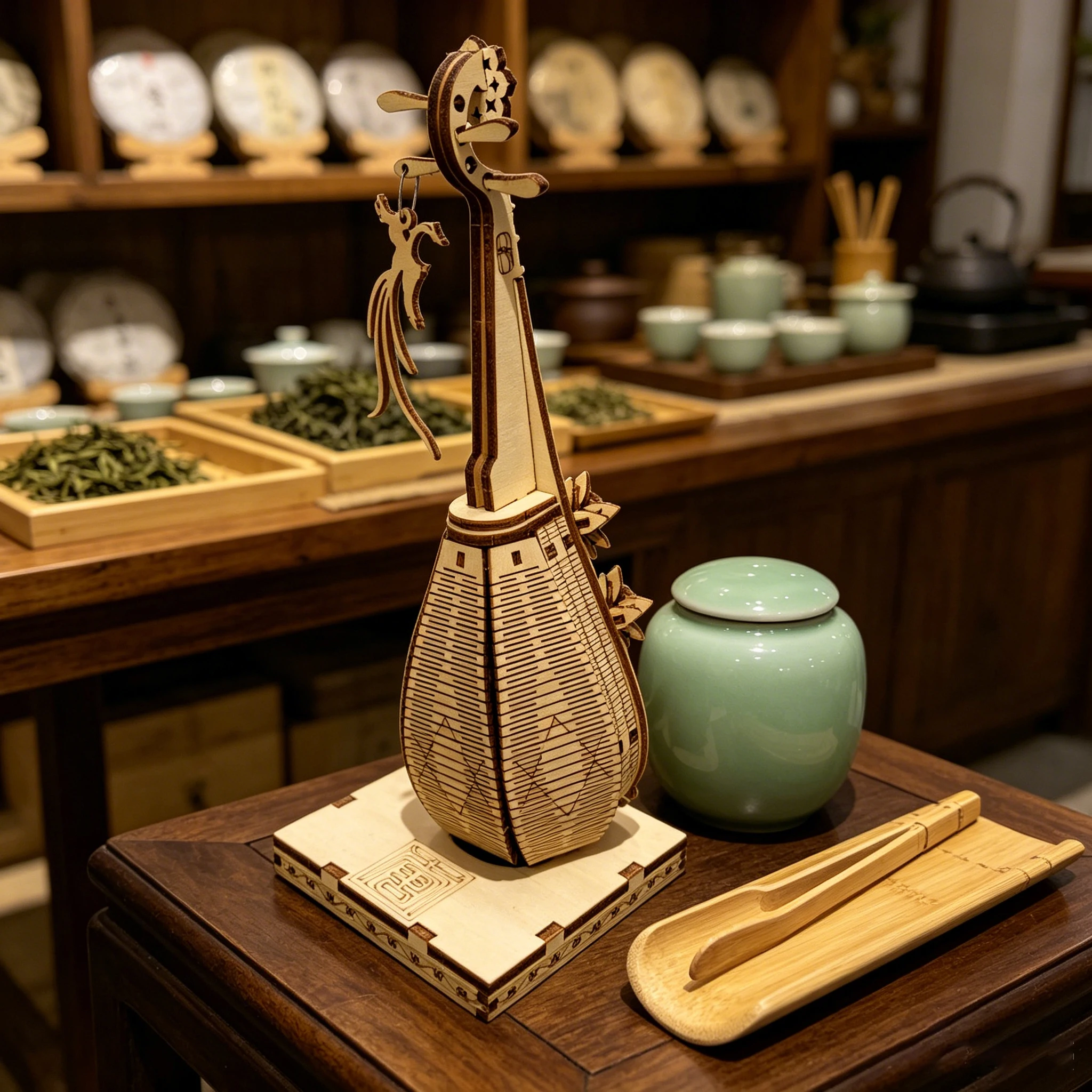 DIY Wooden Pipa Instrument Puzzle Kit, Laser-Engraved Pipa with Phoenix Ornament, Tea Ceremony-Style Home Decor