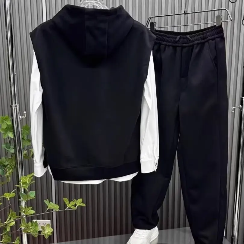 Spring and Autumn plus half breasted sleeveless hooded sweatshirt, men's versatile loose casual vest pants two-piece set