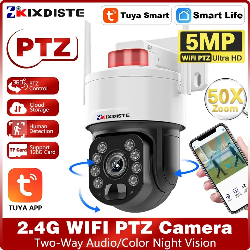 Smart 5MP 50X Optical Zoom TUYA Intelligent PTZ Control Wifi Camera Outdoor Human Detection 150-200M Color Night Vision Camera