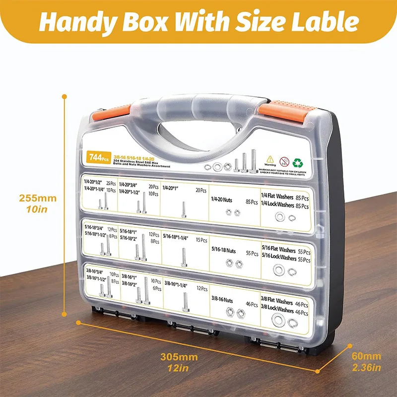 744pcs Color Zinc & Plain Carbon Steel Hex Bolts Nuts Flat Spring Washers Assortment Kit Box Set