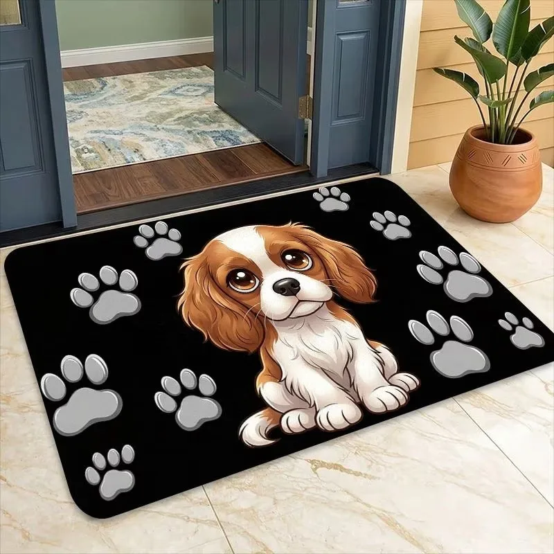 Alfombra de bienvenida con diseño de cachorro, divertida alfombra de suelo con diseño de Cavalier King Charles Spaniel, bonita alfombra de entrada con estampado de pata de perro para puerta principal